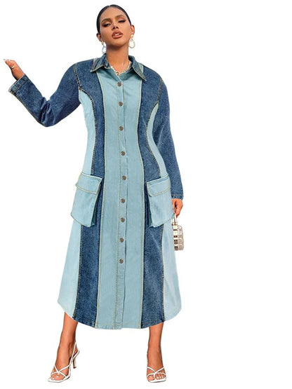 Wmstar Plus Size Denim Dresses Women Long Sleeve Casual Button Pockets Striped Maxi Dress Fall Clothes Wholesale Dropshipping