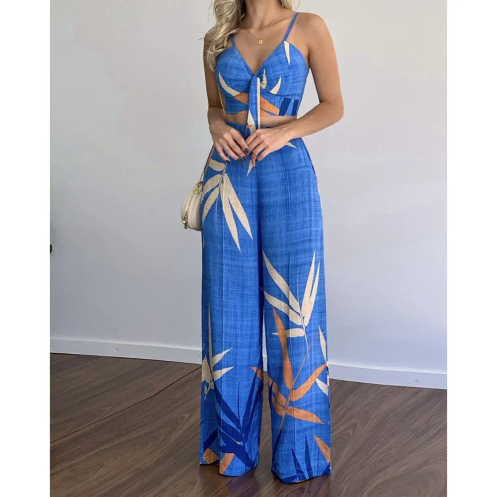 Summer Women Tropical Print Spaghetti Strap Casual Lace up Back Top &High Waist Pants Set 2 Pieces Suit Sets 2023 Woman Clothing