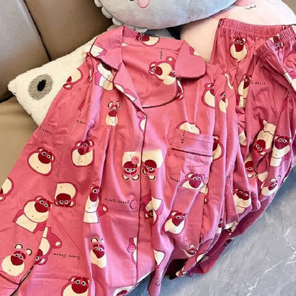 Disney Cartoon Strawberry Bear Home Outfit Women's Long Sleeved Pants Pijama Sleepwear for Sleeping Pajama Sets