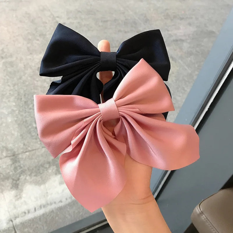 Solid Color Satin Bowknot Hair Clips For Girls Sweet Bow Women Hairpins Butterfly Barrettes Duckbill Clip Kids Hair Accessories 2pcs-Black Pink