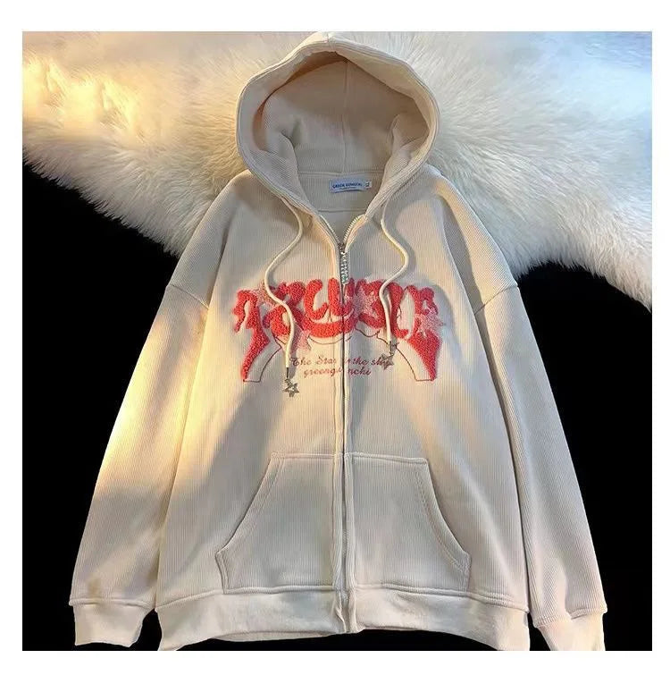 Plus Size XL-3XL Corduroy Embroidery Loose Hoodies Women Sprring Autumn Long Sleeve Zipper Hood Shirt Harajuku Y2K Sweatshirt