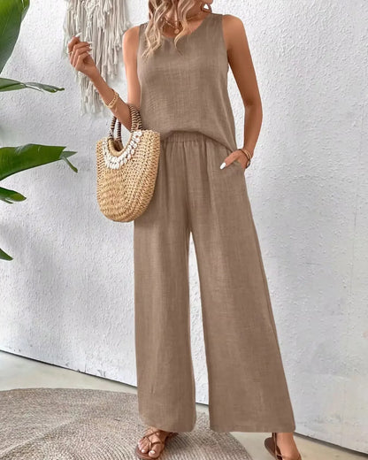 Hollow Out 2 Piece Sets Women Lace Sleeveless Top Wide Leg Pants Set Solid Color New Matching Sets 2 Piece Sets Women New 2024 Khaki