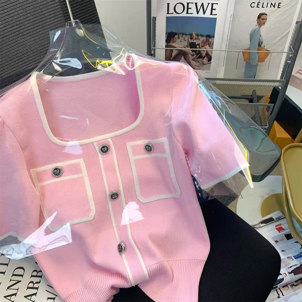 Femme Temperament All-match Patchwork Buttons Square Collar Knitting Top Tee Spring Summer Fashion Loose Short Sleeve T-Shirts