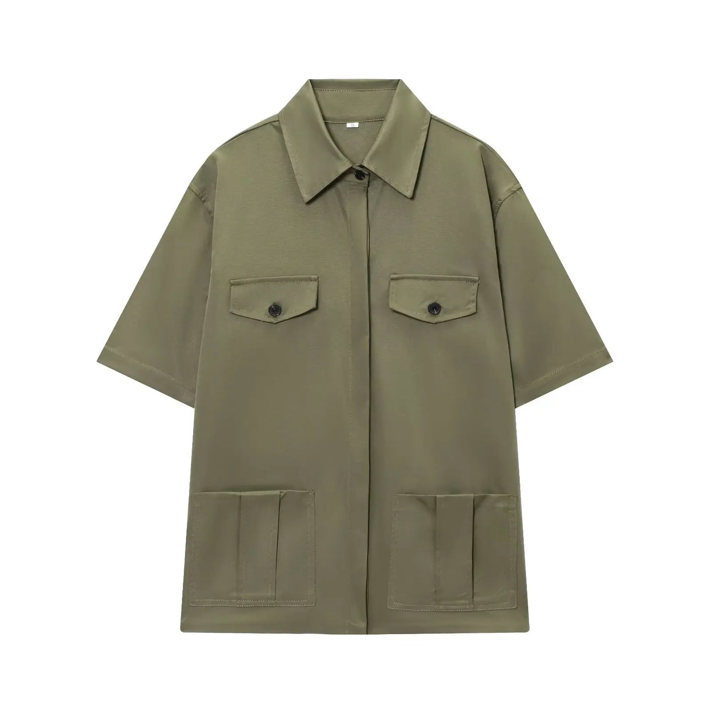 TFMLN Spring Summer New 2pcs Sets 2025 Women Solid Color Short Sleeve Shirts Pockets Tops Casual Shorts Sets green