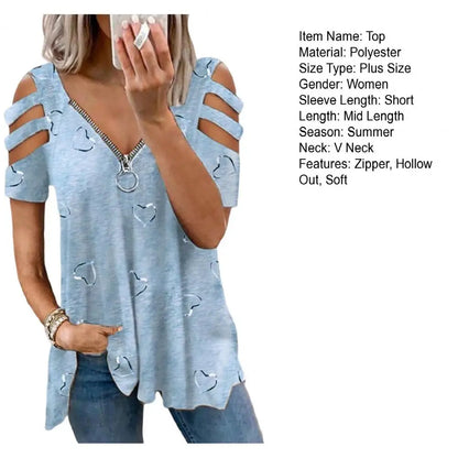 Women Summer Top V Neck Low-cut Hollow Out Short Sleeves T-shirt Match Pants Loose Plus Size Women Blouse Women Clothes