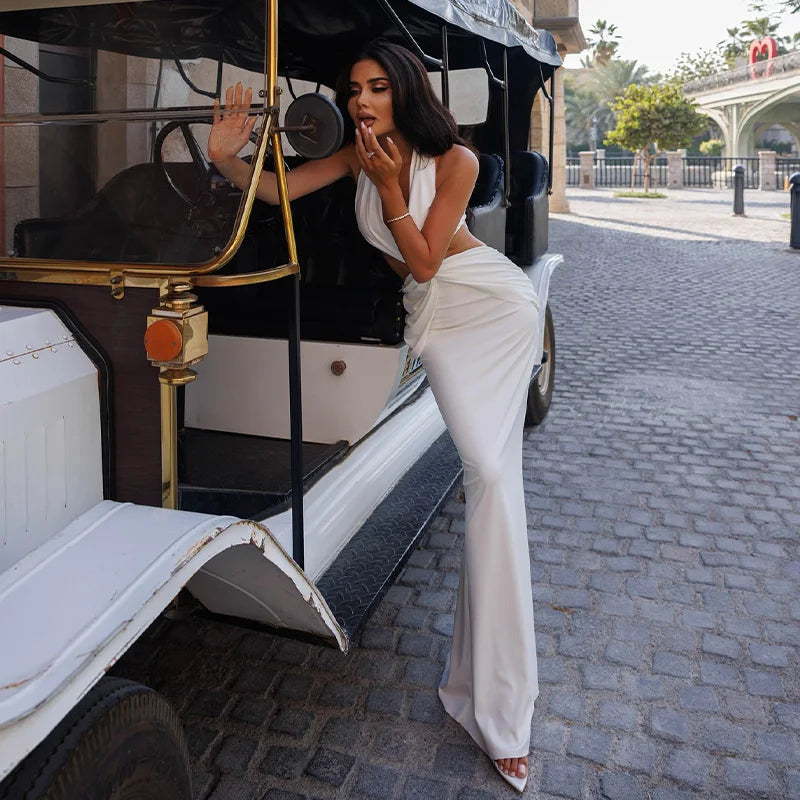 Solid Maxi Halter Dress For Women Fashion Sexy Streetwear Sleeveless Hollow Out V-Neck Sheath Long Vestidos Robe Female Slim Fit