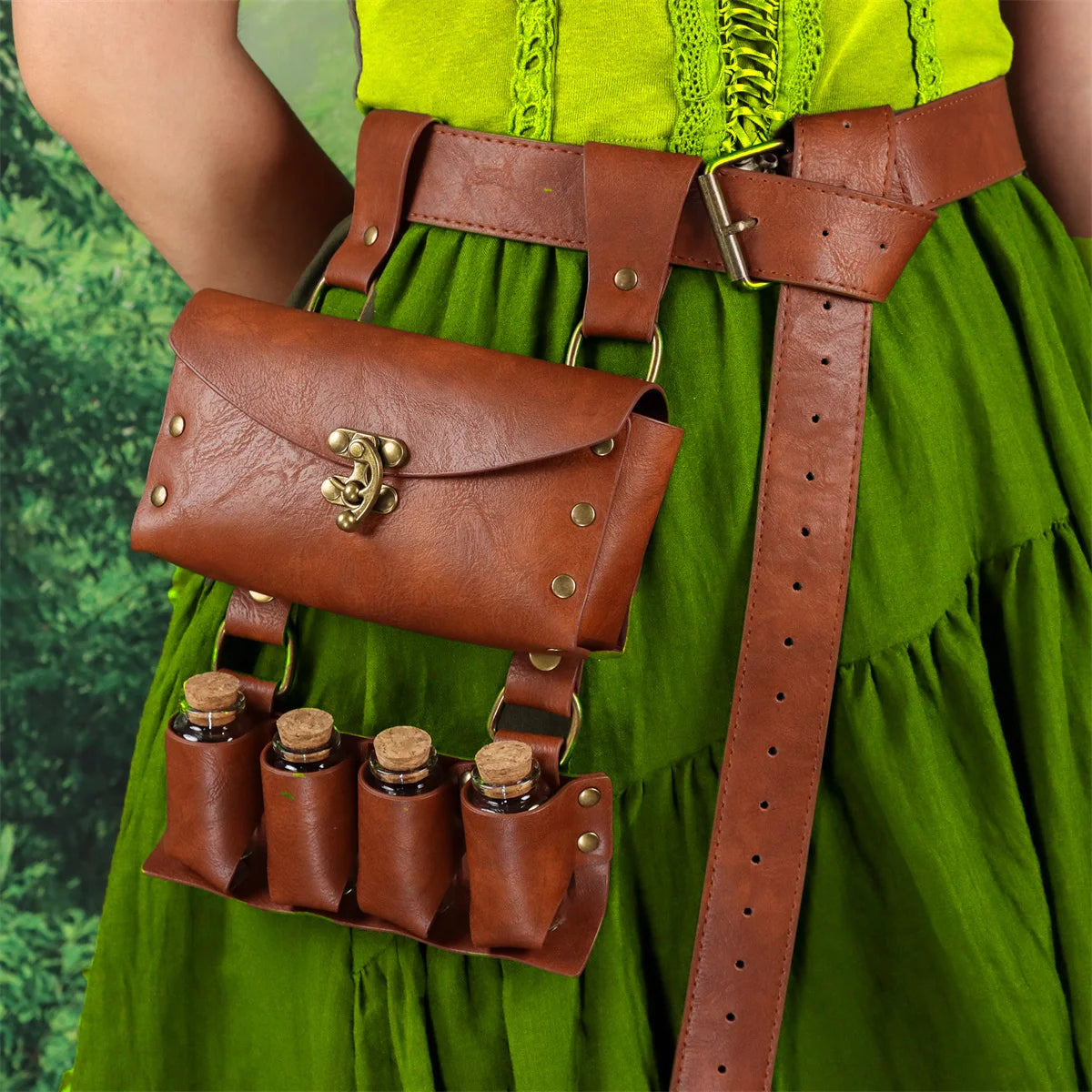 Renaissance Leather Belt Medieval Wizard Alchemy Glass Magic Bottle Cork Bottle Stopper Copper Coin Waist Bag Cosplay Belt Badiee Stylez