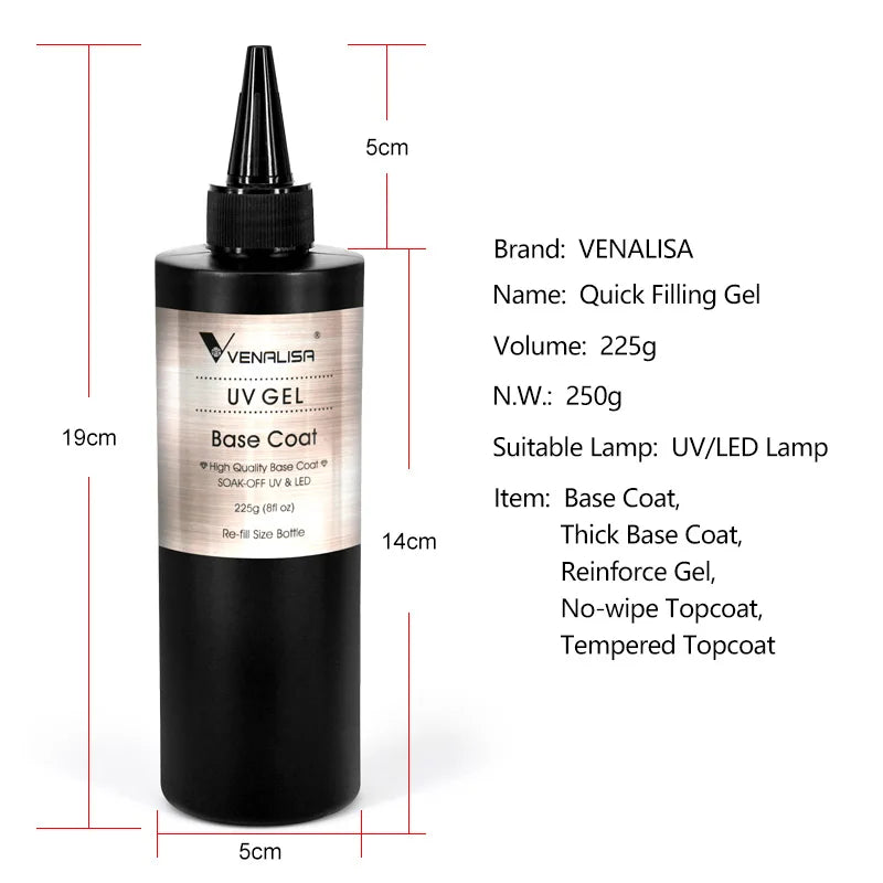 Venalisa Long Wear Tempered Top Coat Reinforce Gel Refill Package Soak Off UVLED Nail Gel Polish Big Volume 225g/30ml Base Gel