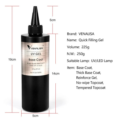 Venalisa Long Wear Tempered Top Coat Reinforce Gel Refill Package Soak Off UVLED Nail Gel Polish Big Volume 225g/30ml Base Gel