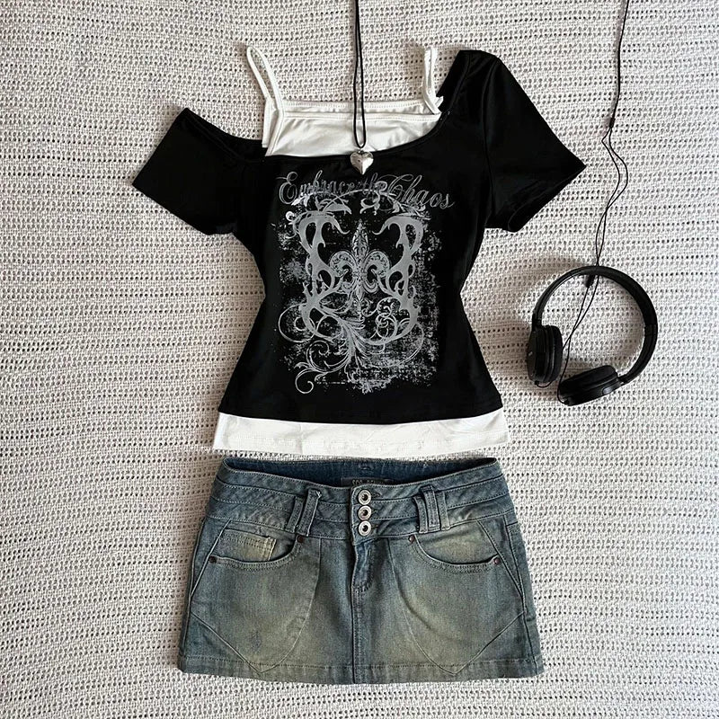 Women's 90s Vintage Punk T-Shirt Summer Streetwear Sexy Short Sleeve Gothic Slim Crop Top Hotgirl Casual Femme Tee Harajuku Y2k Black