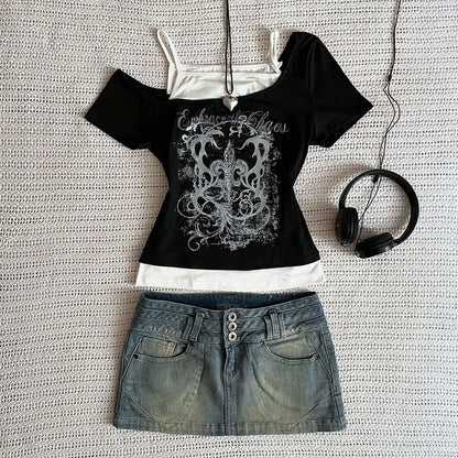 Women's 90s Vintage Punk T-Shirt Summer Streetwear Sexy Short Sleeve Gothic Slim Crop Top Hotgirl Casual Femme Tee Harajuku Y2k Black