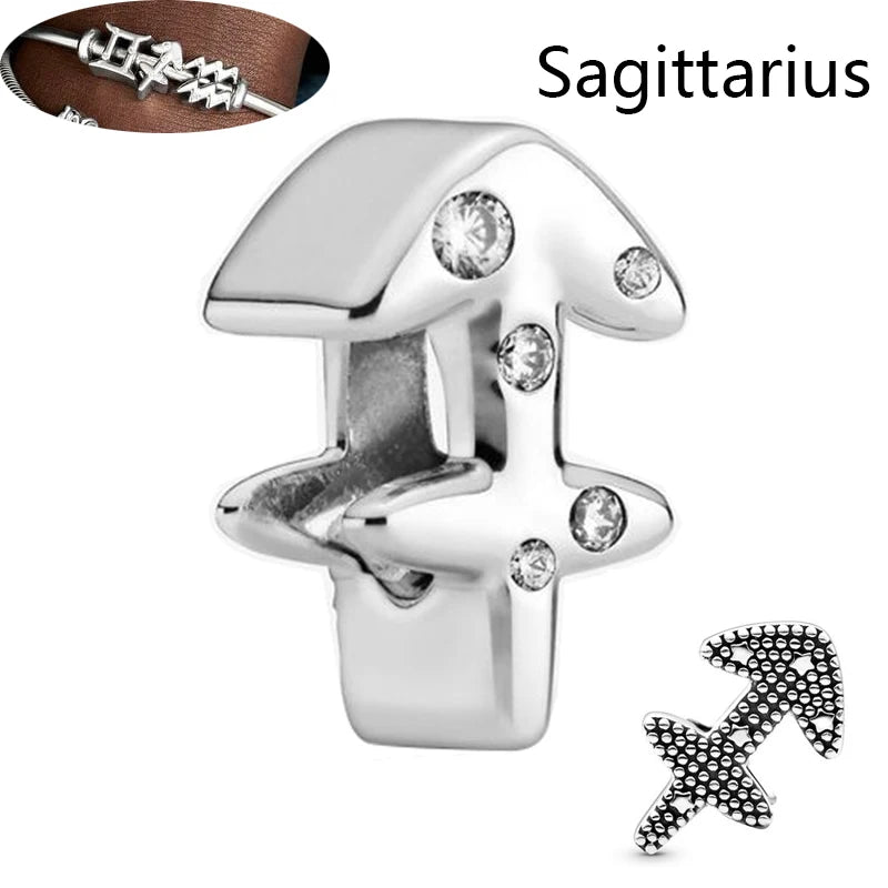 Authentic 925 Sterling Silver Sparkling Aries Leo Scorpio 12 Zodiac Signs Constellation Charm Beads Fit Pantaro Bracelet Jewelry H154