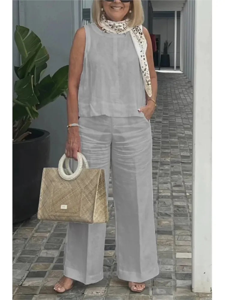 Spring Summer Cotton Linen Solid Color Sleeveless Vest Top Women Pants Suit Casual Pocket Elegant Female Office Retro 2Piece Set GRAY