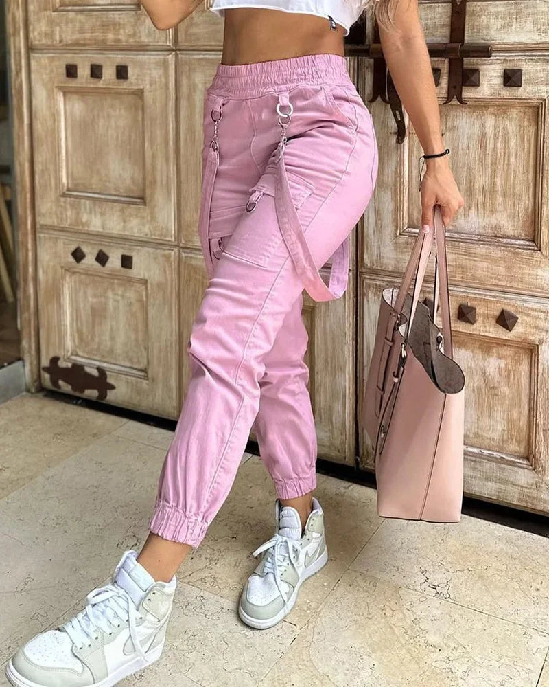 Women's Cargo Pants Casual Trousers 2024 Spring Autumn Solid Color Trend Street Pocket Design Cuff Suspenders Streetwear Women