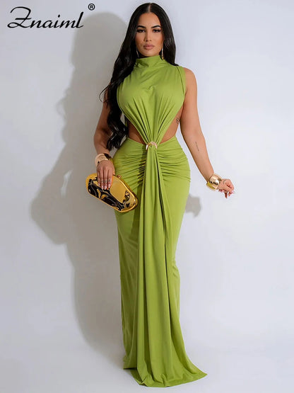 Znaiml Summer Elegant Evening Dress Women Sexy Green Side Cut Out Off Shoulder Sleeveless Fashion Birthday Prom Party Vestidos