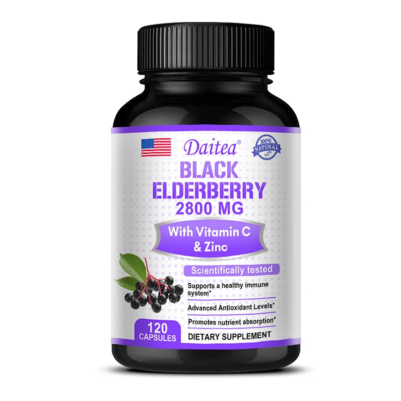 Black Elderberry 2800 Mg - with Vitamin C and Zinc, Immune System Support, Antioxidant Supplement, Skin Health Benefits 120 count United States