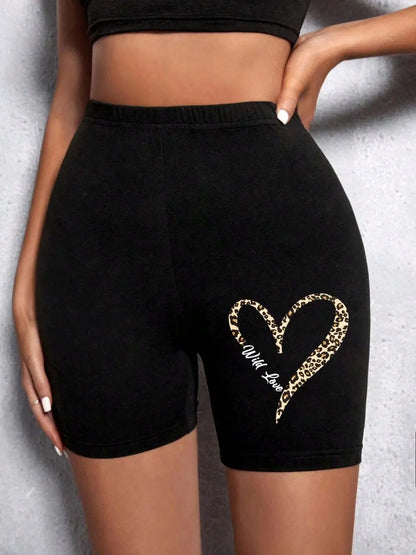 Summer Woman Tight Shorts Leopard Heart And Love Letter Graphic Print Fitness Short Pantssexy Soft Stretch Female Sport Swear Black 2