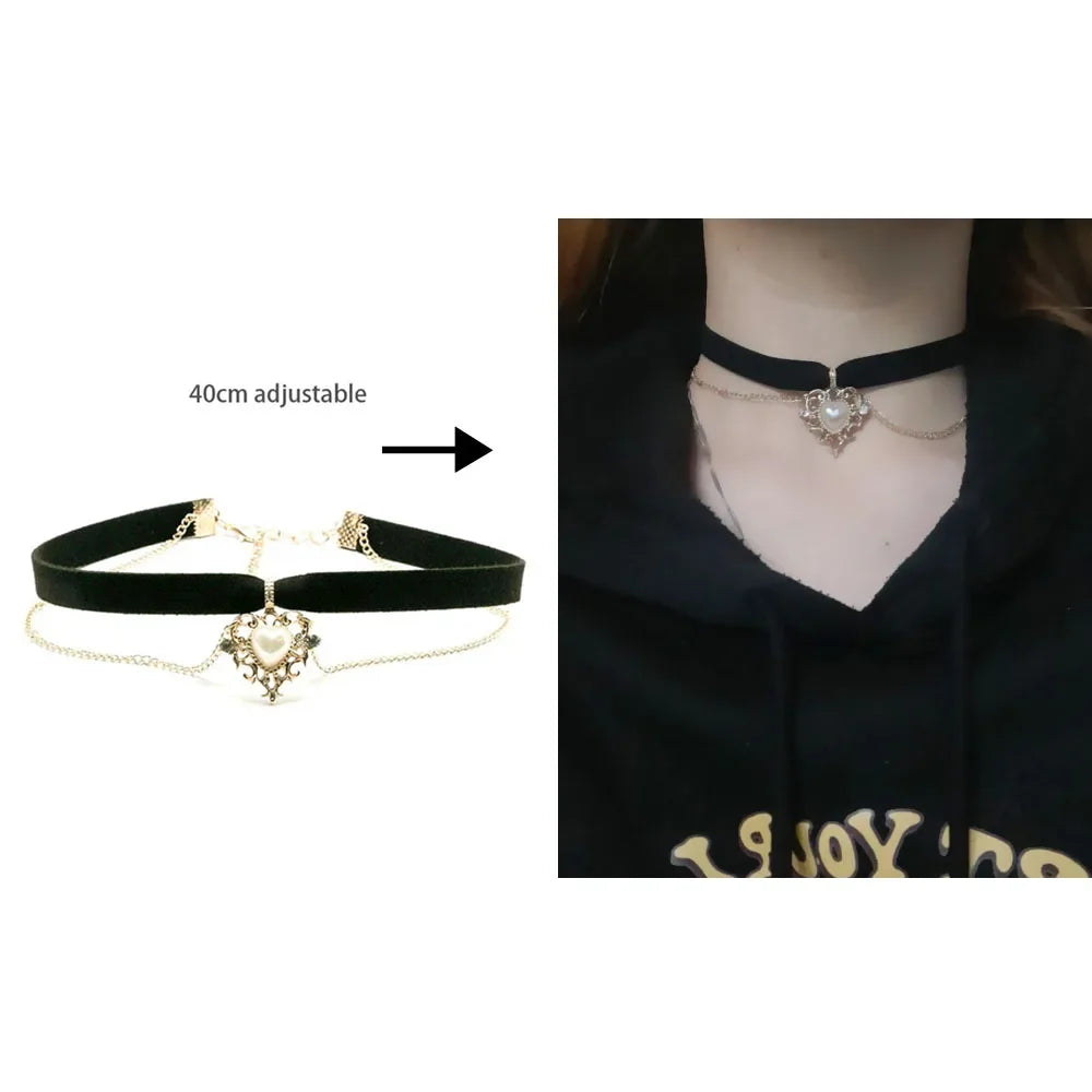 Sexy Trendy Vintage Charm Round Gothic Collar Necklaces Jewelry Gift Gothic Leather Heart Harajuku Women Punk Choker Necklace Gold Chain Pearl 40cm adjustable