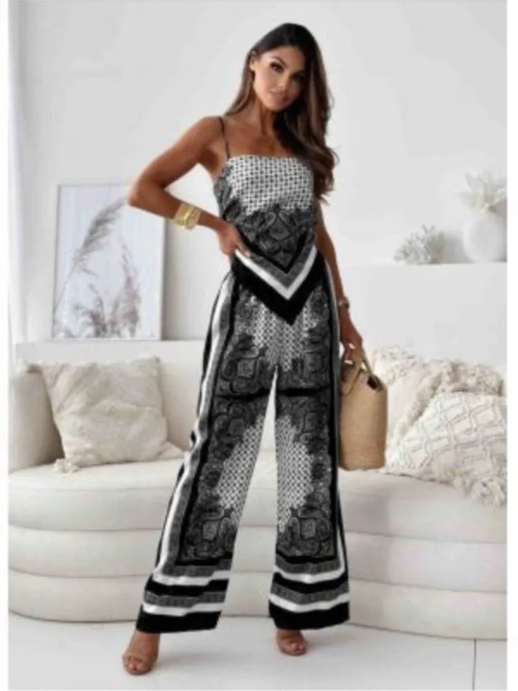 Summer New Women's Fashion Printed Sleeveless Strap Wrap Chest Sexy Strap Open Back+Positioning Flower Pants Set Two Piece Set