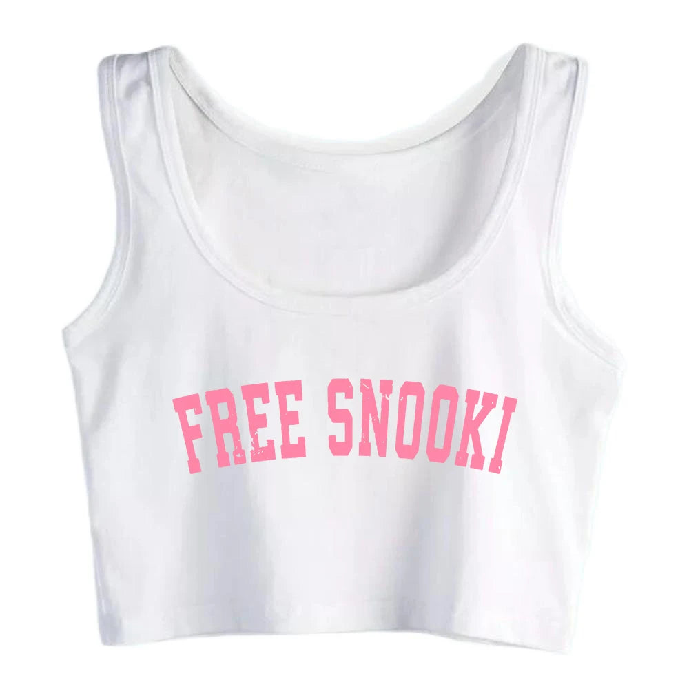 Free Snooki Design Sexy Slim Fit Crop Top Women's Customizable Cotton Breathable Tank Tops Fitness Training Camisole WHITE