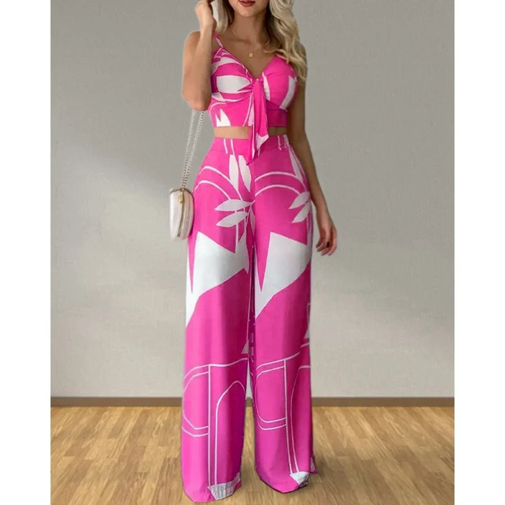 Summer Women Tropical Print Spaghetti Strap Casual Lace up Back Top &High Waist Pants Set 2 Pieces Suit Sets 2023 Woman Clothing