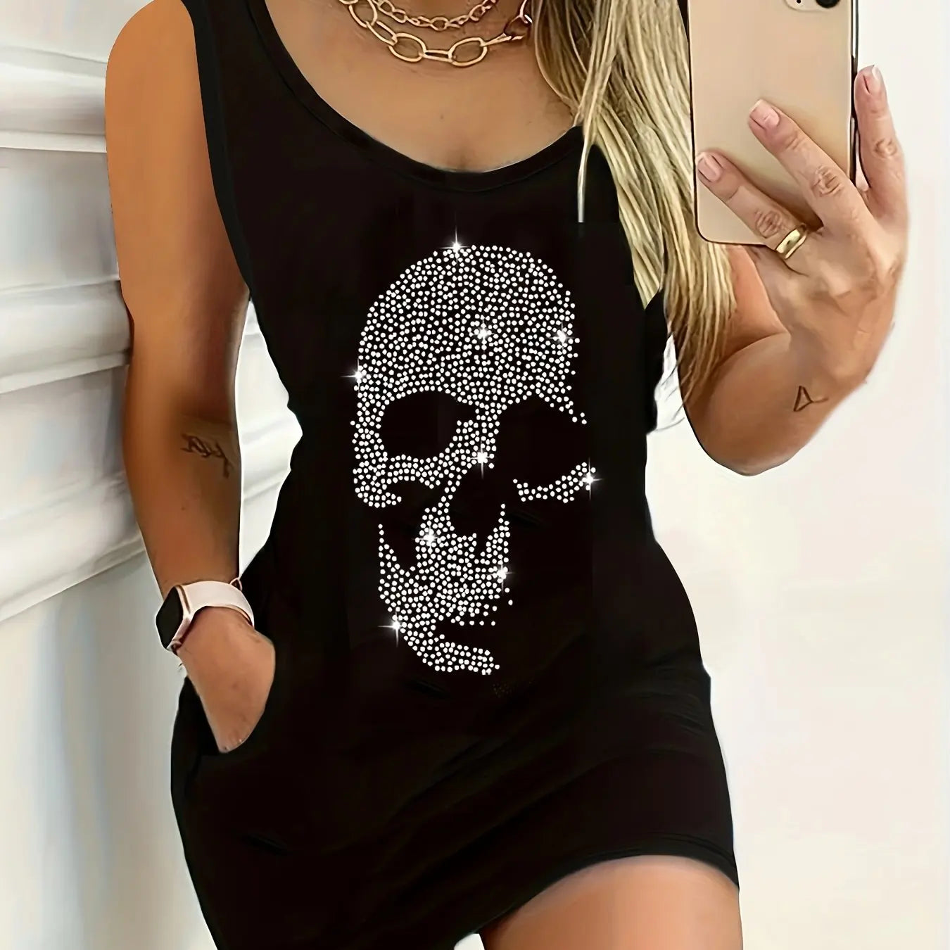 Women's Summer Sleeveless Tank Top Dress Sexy Women's summer loose sleeveless short mini dress with black print black