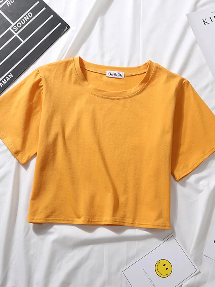 Summer Short Sleeve T Shirts Women Cotton Solid T-shirt O Neck High Waist Crop Top Tee Female Casual Loose T Shirt Badiee Stylez