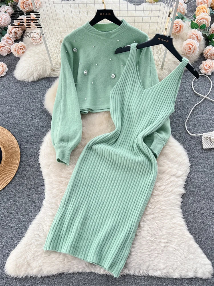 SINGREINY Beading Casual Two Piece Set Women Long Sleeve O Neck Pullover Midi Dress Fashion 2023 Winter Sweater Suit Dresses Badiee Stylez