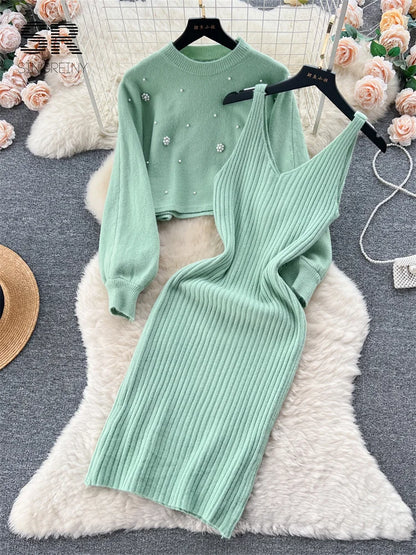 SINGREINY Beading Casual Two Piece Set Women Long Sleeve O Neck Pullover Midi Dress Fashion 2023 Winter Sweater Suit Dresses Badiee Stylez