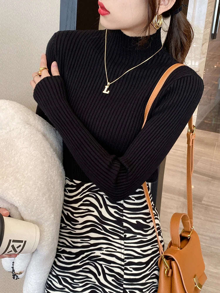 Elegant Solid Basic Knitted Tops Women Turtlneck Sweater Long Sleeve Casual Slim Pullover Korean Fashion Simple Chic Clothes black One Size