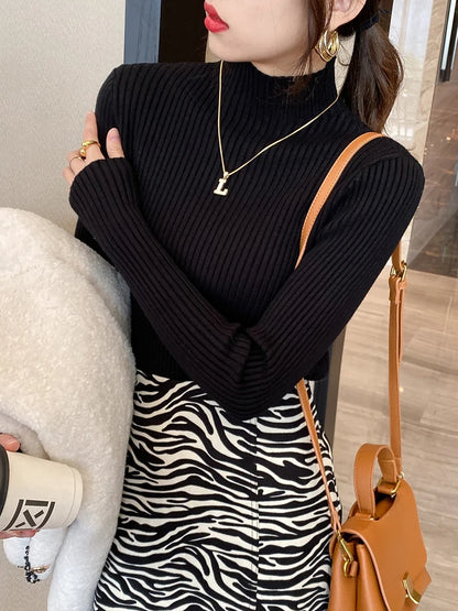 Elegant Solid Basic Knitted Tops Women Turtlneck Sweater Long Sleeve Casual Slim Pullover Korean Fashion Simple Chic Clothes black One Size