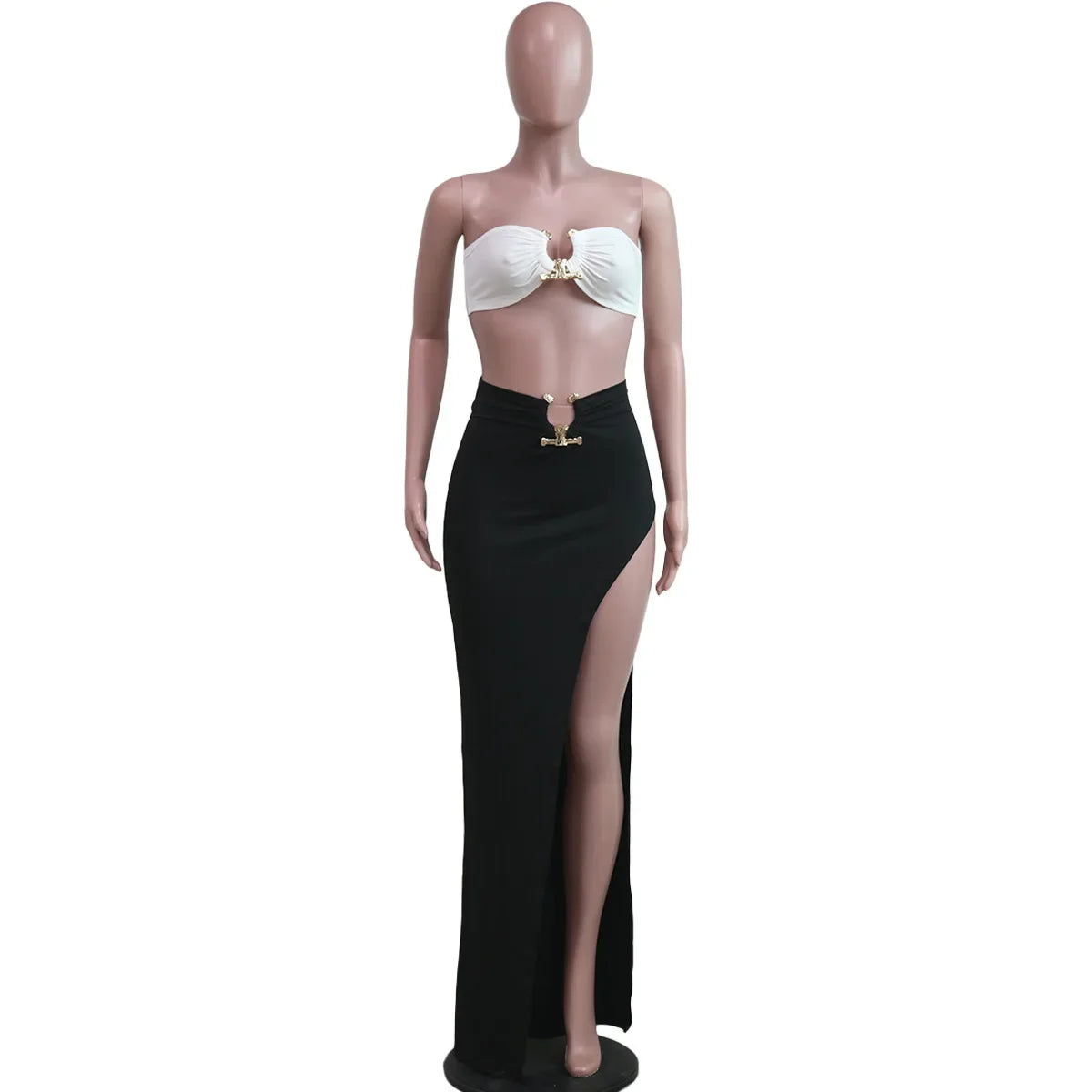 New Chic Gold Ring Bandeau Slit Skirt Two-Piece Set Womens Beautiful Off Shoulder Matching Skirt Set Nightclub Outfits Badiee Stylez