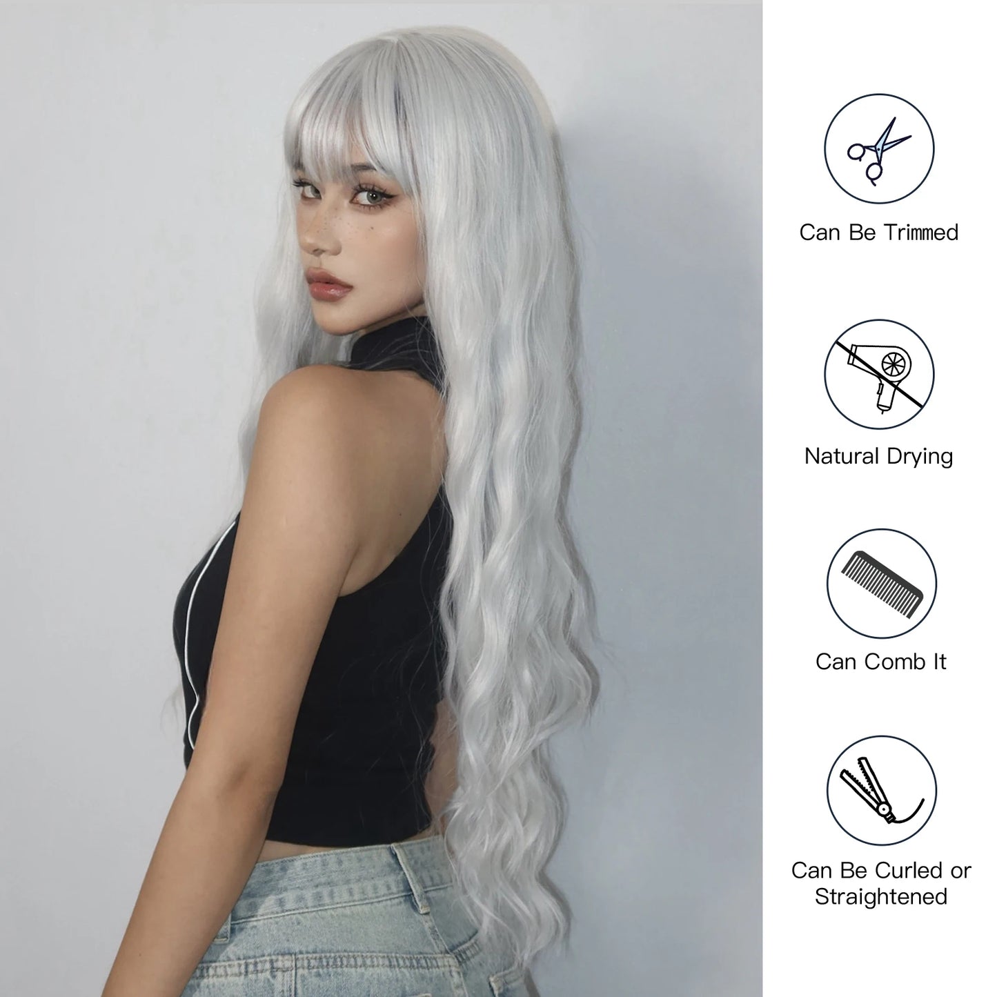 Super Long Curly Silver Synthetic Wig with Fluffy Bangs White Water Wave Hair Wigs for Women Daily Use Cosplay Colored Hair Wig