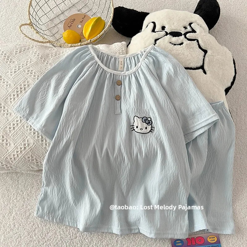 Summer New Cloud Cotton round Ne Button Sweet Cartoon Spwear Two-Piece Set Lightweight Comfortable Student Home Clothes