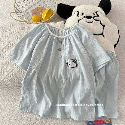 Summer New Cloud Cotton round Ne Button Sweet Cartoon Spwear Two-Piece Set Lightweight Comfortable Student Home Clothes