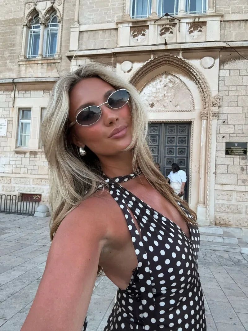 Trendix Polka Dot Print Backless Dress Women Summer Sexy Deep V Neck Sleeveless Off Shoulder Maxi Dresses Elegant Evneing Dress