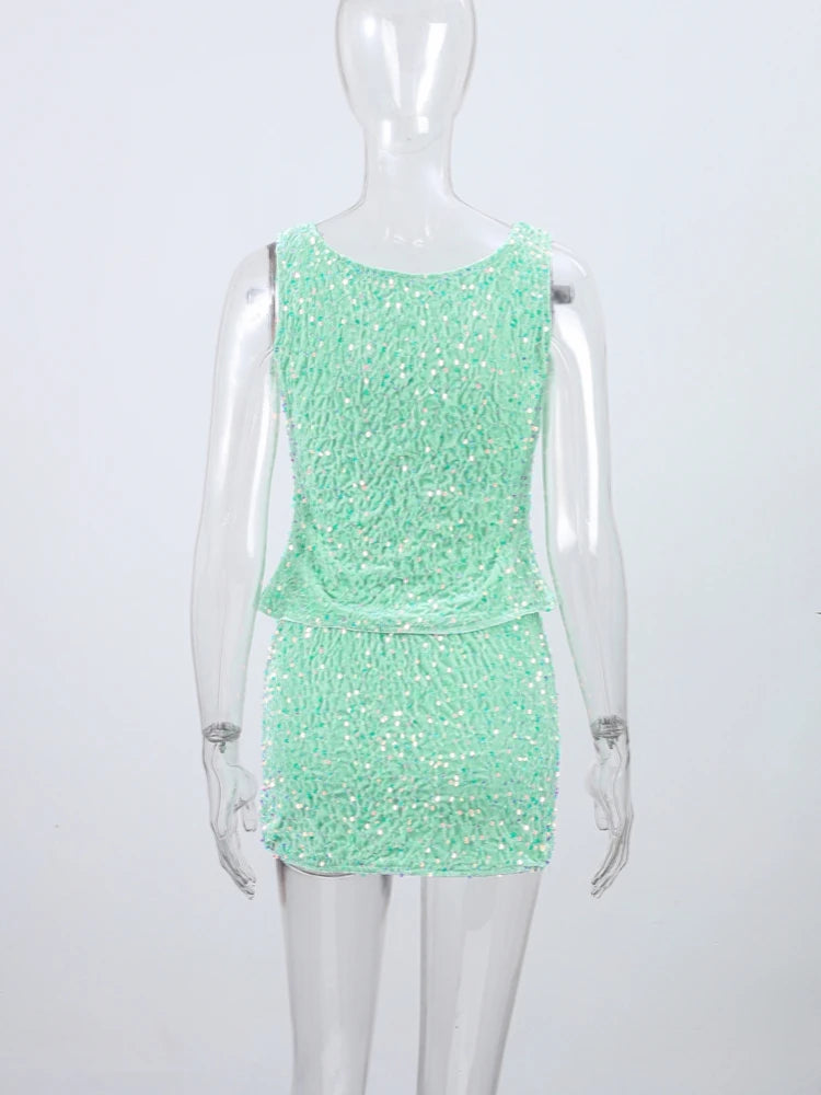 O-neck Vest Mini Skirt Suits Women Sexy sparkly Sequined Sleeveless Tank Tops With Bodycon Short Skirts Fashion Ladies Beachwear