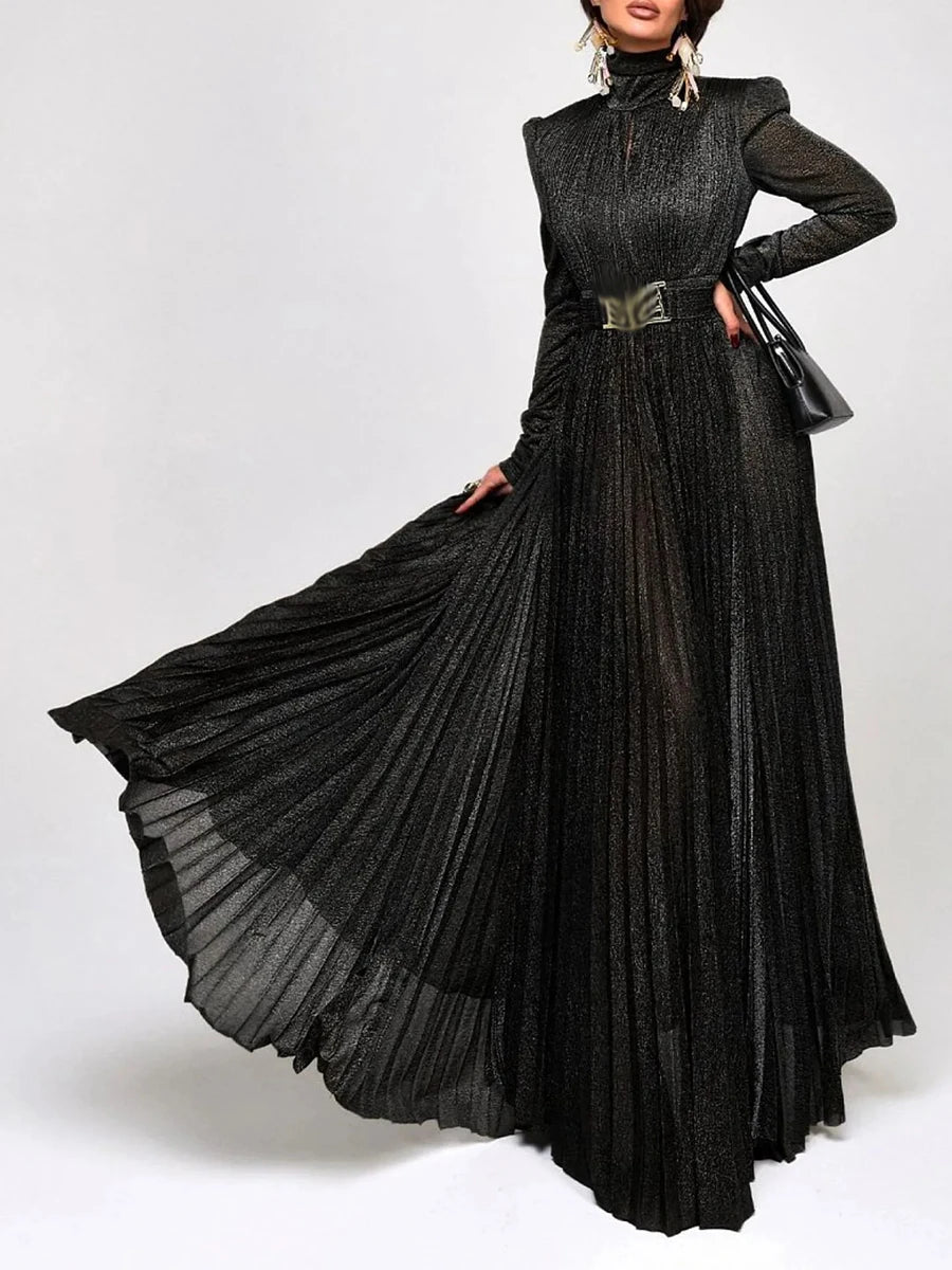 TWOTWINSTYLE Solid Spliced Belt Slimming Dresses For Women O Neck Long Sleeve High Waist Temperament Long Dress Female Clothes BLACK