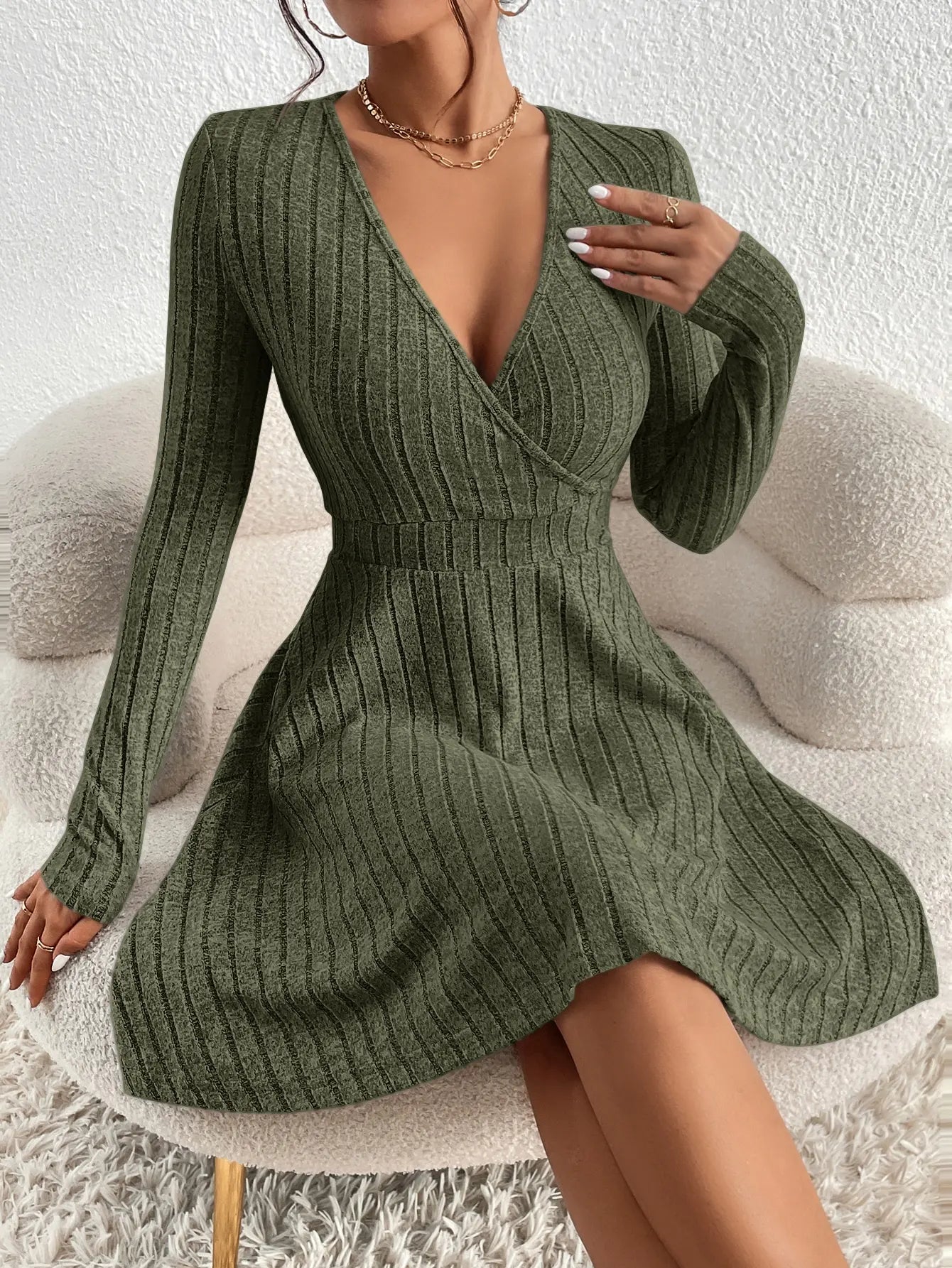 New for autumn/Winter 2024 Women Knit Slim Sexy Bodycon Dress V-Neck Long Sleeve Dress Solid Casual Midi Sweater Dress army green 07468-8