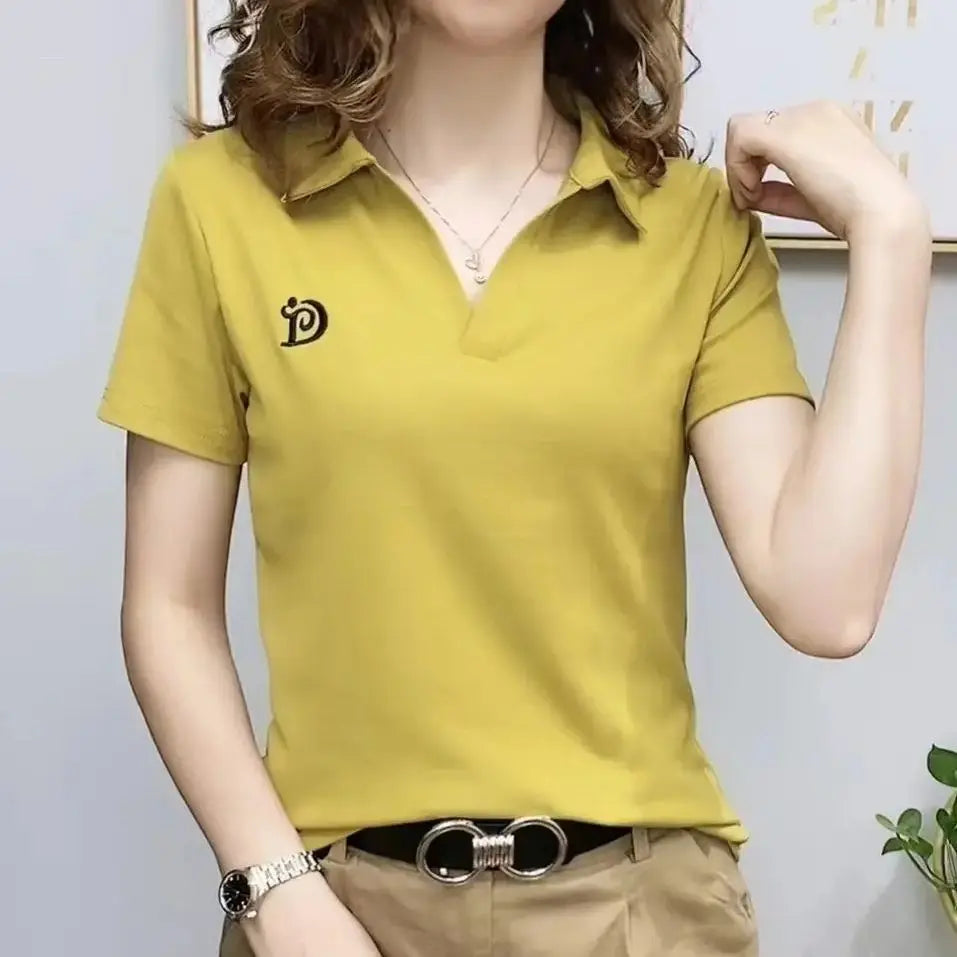 Polo T Shirt for Women Short Sleeve New Summer V-neck Letter Pullover Knitted Tees Female Clothing Plus Size Ladies Tops Yellow