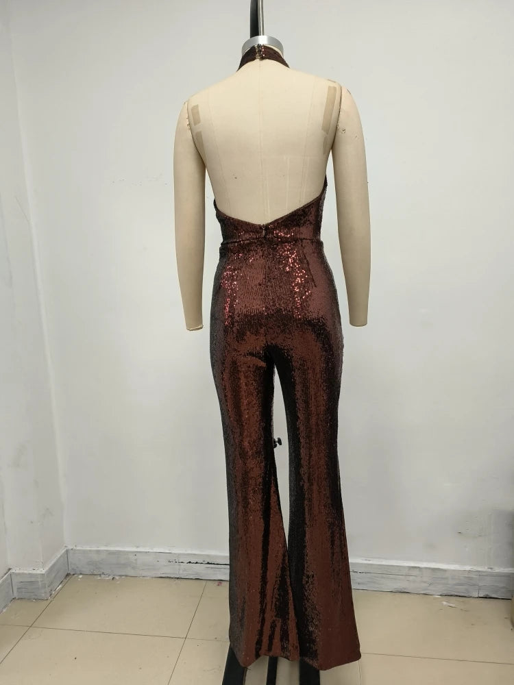 Women's Sleeveless Gold Sequin Jumpsuit Sexy V Neck Sparkle Sequined High Waist Wide Leg Pants Jumpsuit Celebrity Evening Party Badiee Stylez