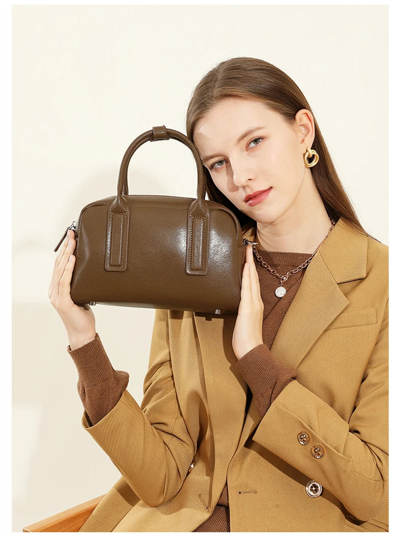 Hifashion Vintage Boston Cow Genuine Leather Handbags For Women 2025 Trend Designer Bowling Work Ladies Shoulder Crossbody Bags