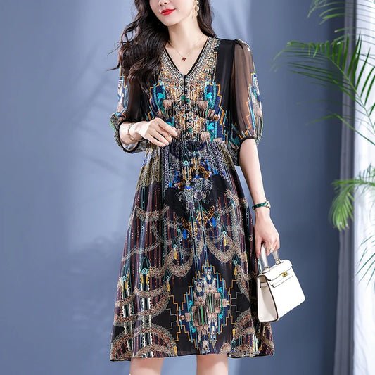 2025 Summer Bohemian Dresses For Women Elegant V-neck High Waist Women's Print Black Dress A-line 100% Real Silk Long Midi Dress Badiee Stylez