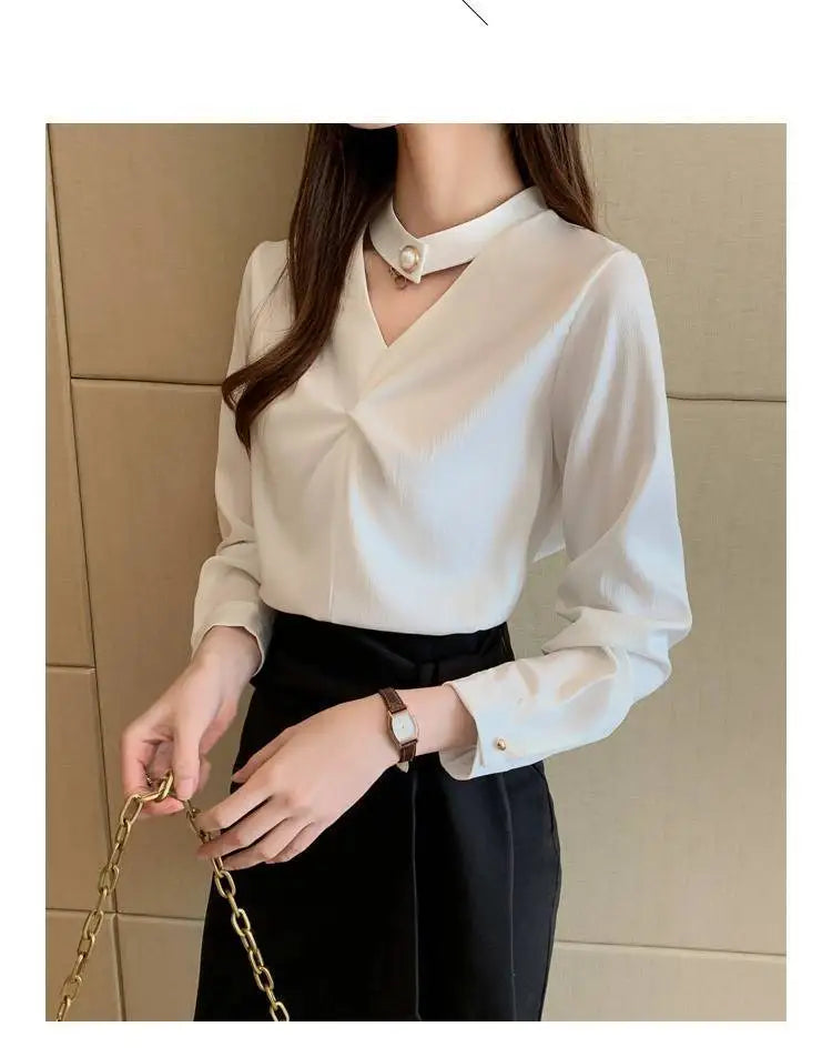 Satin Beading Halter V-Neck Woman Blouses 2022 Spring New Elegant Fashion Office Lady Long Sleeve Loose Commuter Shirts Female