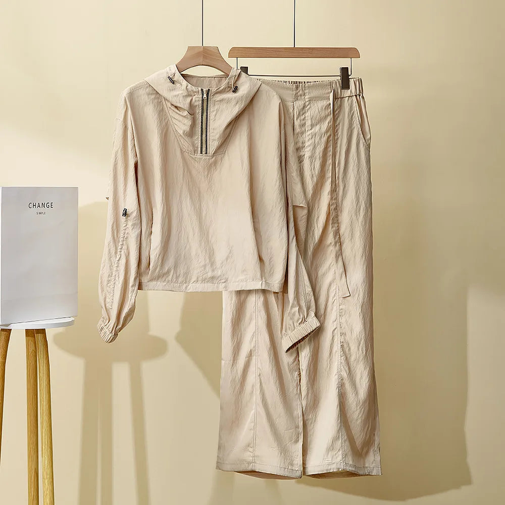 Women's Spring Summer New Hooded suit Casual Sports Fashion Chain Cardigan with Trousers Two-piece Set Badiee Stylez