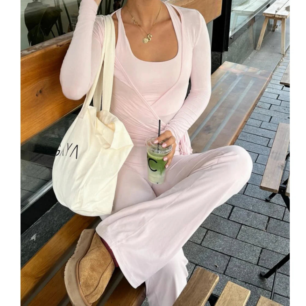 Women Summer y2k Yoga 2 Piece Outfits Casual Solid Tie up Hem Wrap Long Sleeves V-neck Crop Tops Elastic Flare Pants Tracksuits