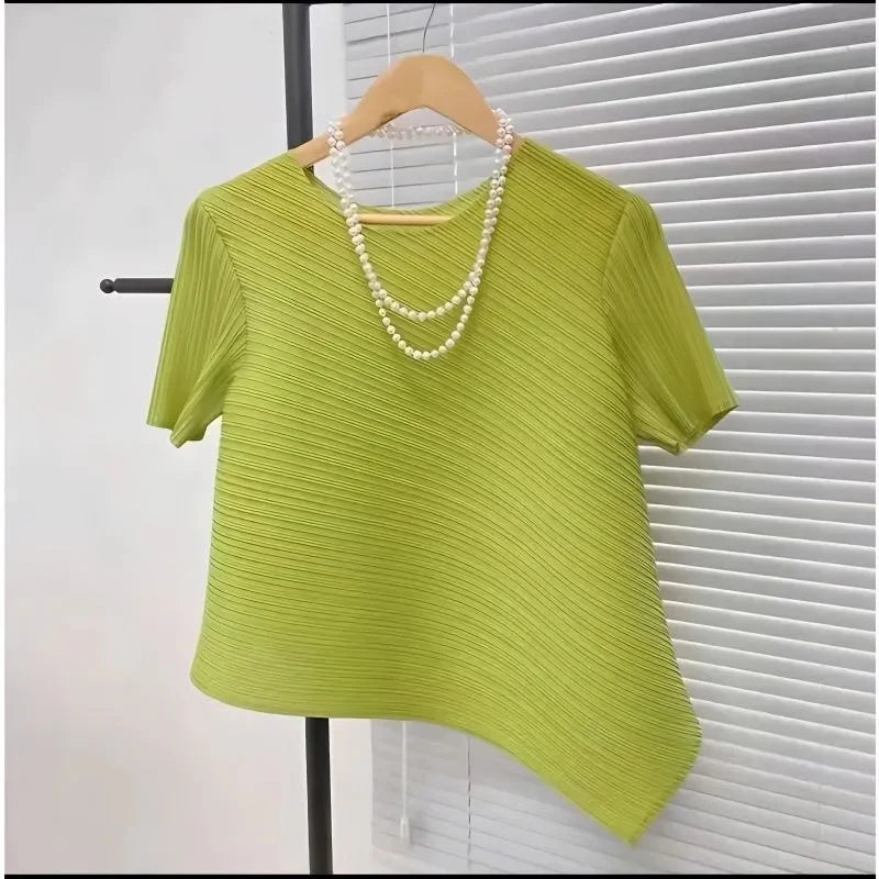 2025 Fold Fashion Summer Shirts Short-Sleeved T Shirt Women's Sleeveless Vest Waistcoat Tops Loose Blouse Shirt Tee Female green short sleeves One Size