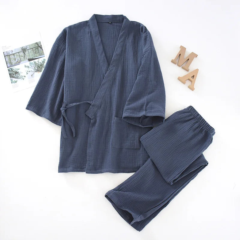 2025 Japanese Kimono Set 100%Cotton Pajamas Two-piece Couple Yukata Loose Men's And Women's Sweat Steaming Suit Home Service Set Male 02