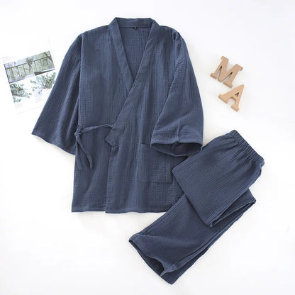 2025 Japanese Kimono Set 100%Cotton Pajamas Two-piece Couple Yukata Loose Men's And Women's Sweat Steaming Suit Home Service Set Male 02