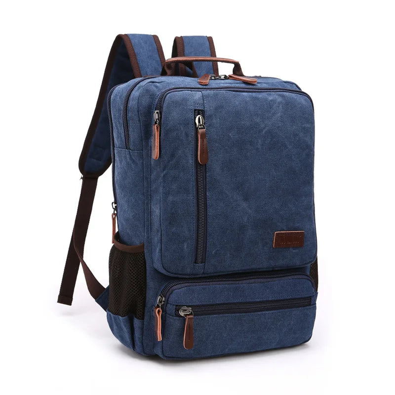 Vintage Canvas Backpack Men Large Capacity Travel Shoulder Bag High Quality Students Bag Male notebook 15 inch Laptop Backpack DEEP BLUE